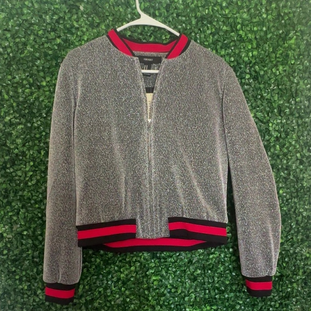 Forever 21 Gray Bomber Jacket with Red Trim